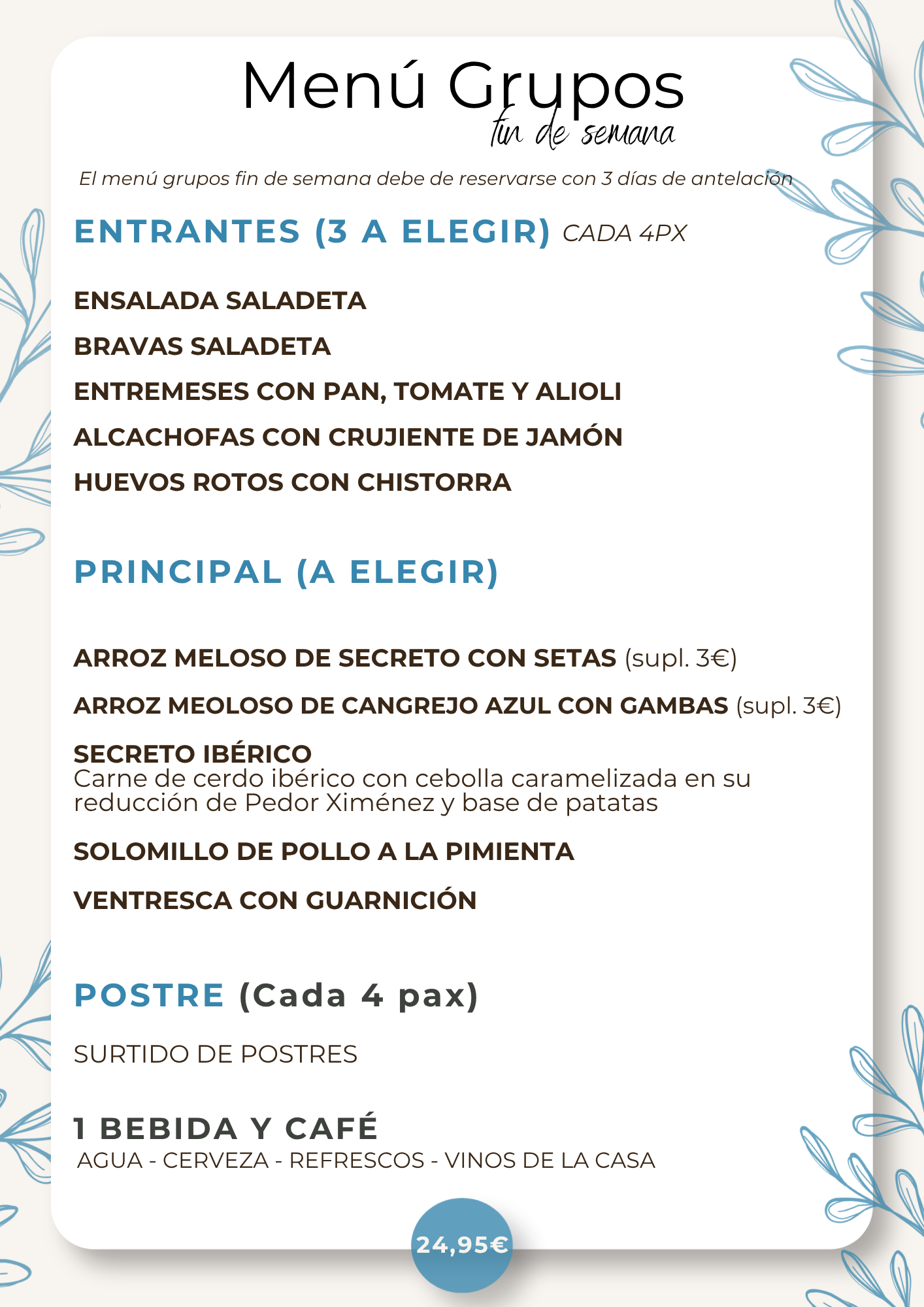 Menu grupos fin de semana bar saladeta paiporta torrent valencia